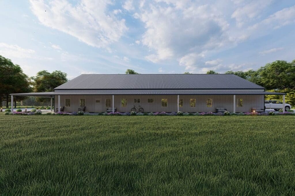 4-Bedroom 1-Story Traditional Ranch-Style Barndominium with Wrap-Around Porch and 3-Car Garage (Floor Plan)