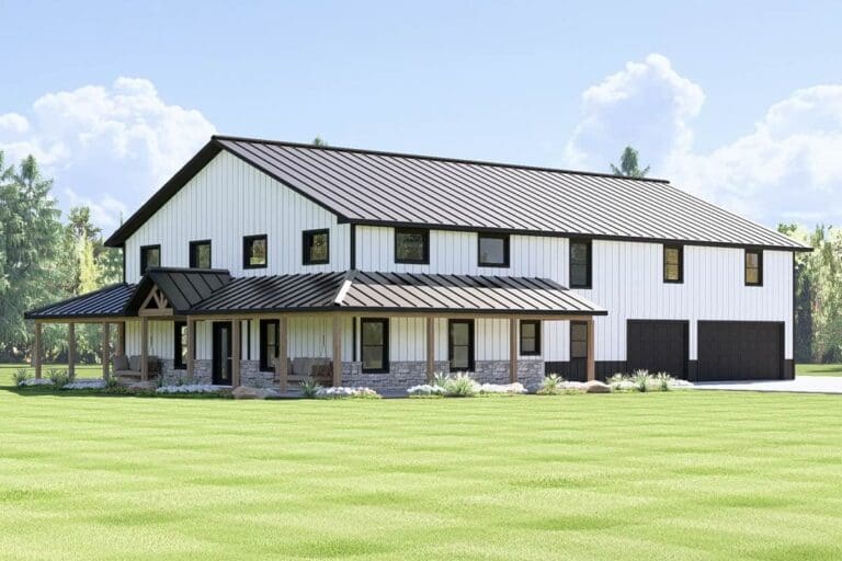 4-Bedroom 2-Story Barndominium with Wrap-Around Porch and Finished Apartment (Floor Plan)