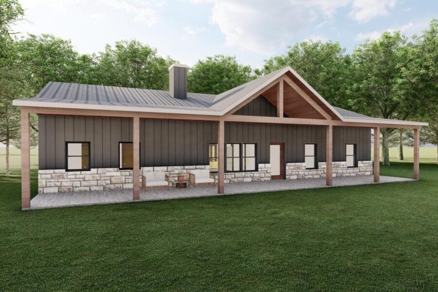 Open Style Ranch Back Porch 4-Bedroom 1-Story Rustic Mountain Ranch with Expansive Front and Rear ...