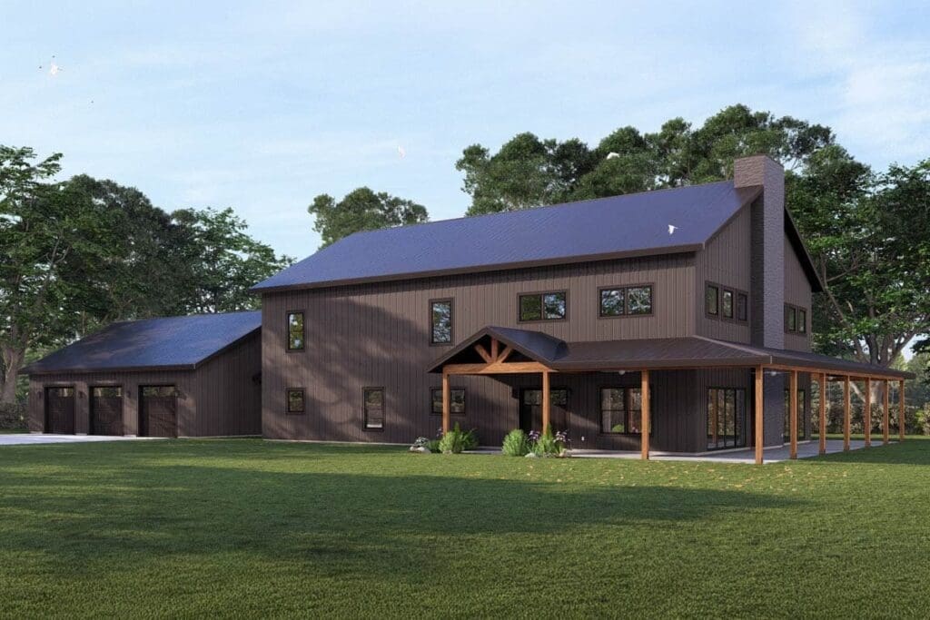 5-Bedroom 2-Story Modern Barndominium with Wrap-Around Porch and 3-Car Detached Garage (Floor Plan)