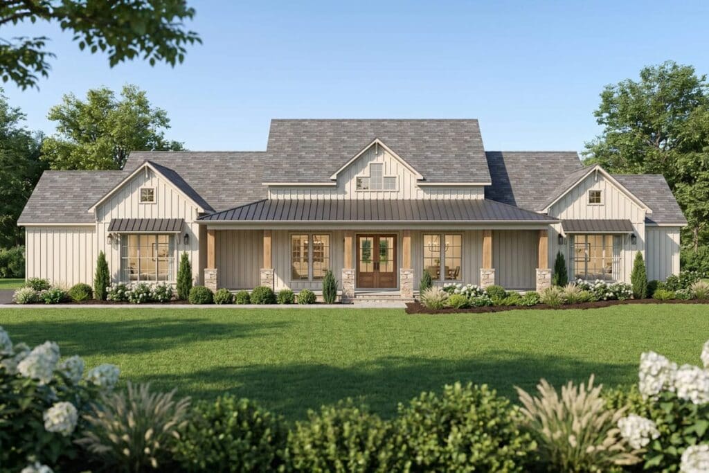 House plan exterior: Modern Farmhouse style, one story, with a deep covered porch, gables, and board-and-batten siding.
