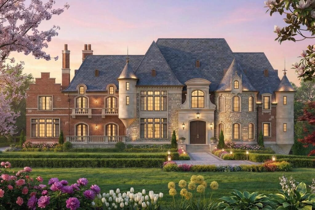House plan exterior showcasing French Renaissance style with brick and stone facade, multiple gables, dormers, and turrets.
