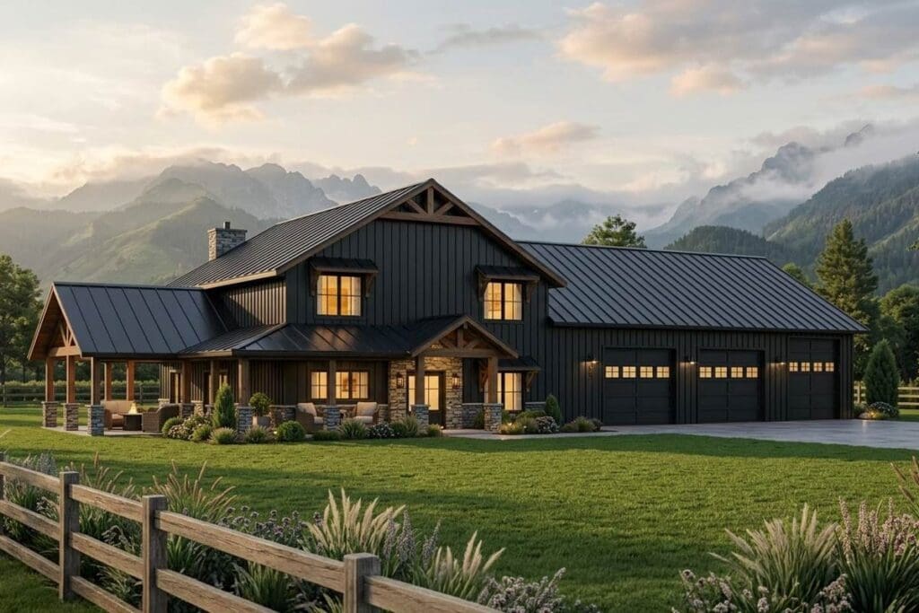 House plan exterior. Two-story Modern Farmhouse with a covered porch, gabled roof, and attached garage with multiple bays.