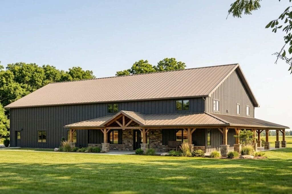 House plan exterior featuring a two-story farmhouse style with a wraparound porch, gabled roof, and stone accents on the porch pillars.
