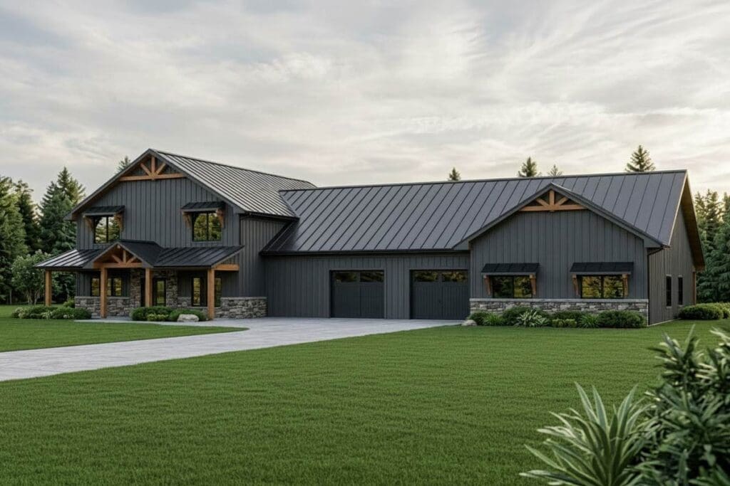 House plan exterior with two stories. Features include a Craftsman style, gable rooflines, a covered porch, and a three-car garage.