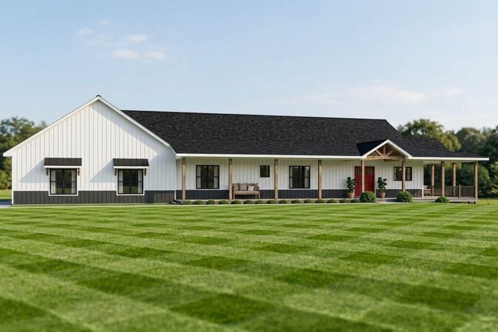 Modern Farmhouse house plan exterior with a long porch, gables, and board-and-batten siding.