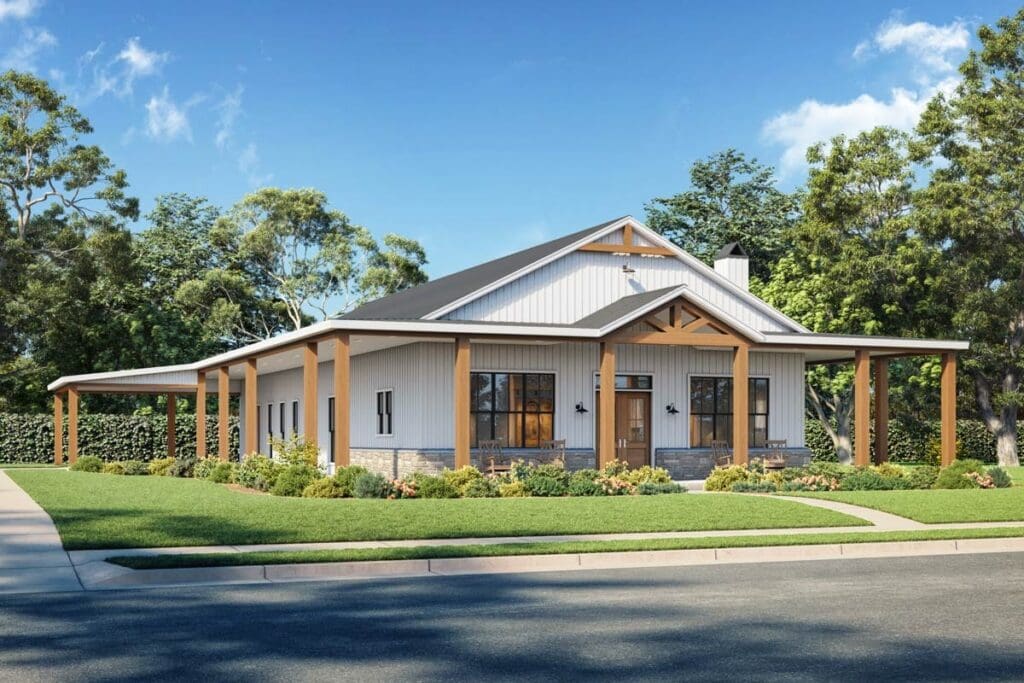 House plan exterior. Modern Farmhouse with single story, covered porch, exposed timber beams, and gabled roofline. Features stone accents.