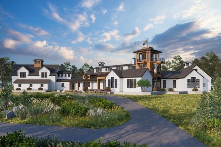House plan exterior. Modern Farmhouse style with multiple structures, vertical siding, gables, dormers, and a prominent observation tower.