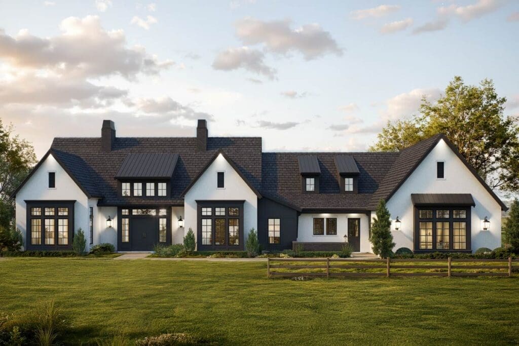 House plan exterior: Modern Farmhouse style, white stucco, dark gables, dormers, and large multi-pane windows.