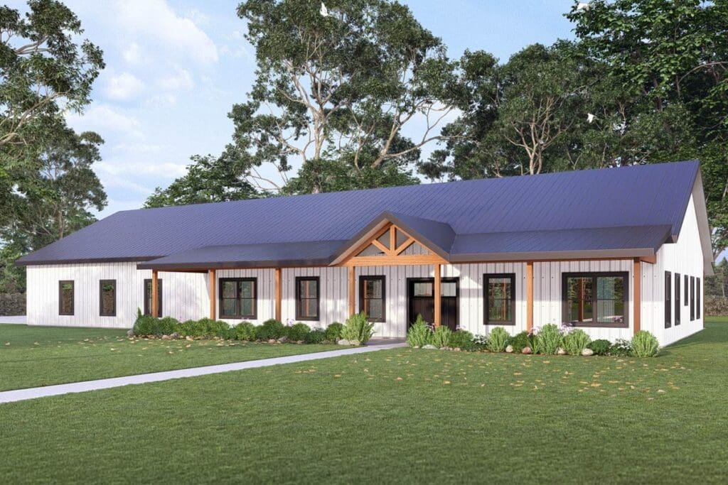 House plan exterior: Modern Farmhouse style, single-story with a prominent gable entry, deep covered porch, and vertical siding.