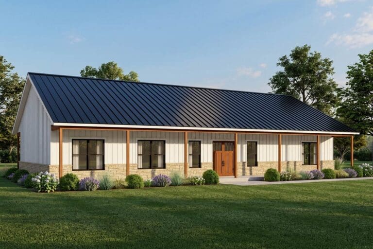 House plan exterior of a one-story modern farmhouse with a metal roof, covered porch, board-and-batten siding, and stone foundation.
