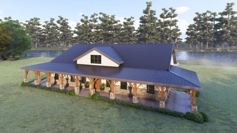 House plan exterior: Ranch style with a wraparound porch, stone base, wood columns, and metal roof.
