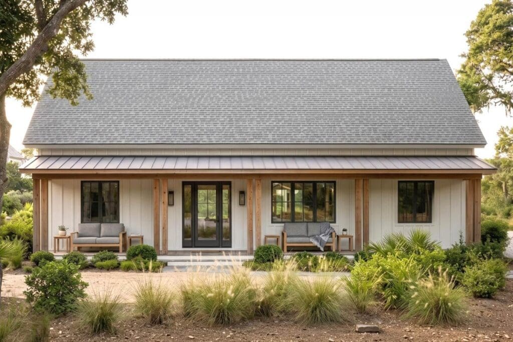 Modern farmhouse house plan exterior with a wide covered porch, board-and-batten siding, and large black-framed windows.