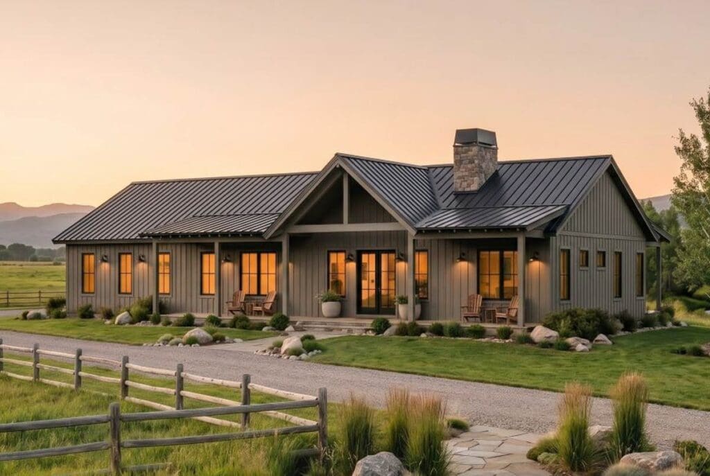 Modern Farmhouse style house plan exterior, one story, with metal roof, board and batten siding, stone chimney, and covered porches.