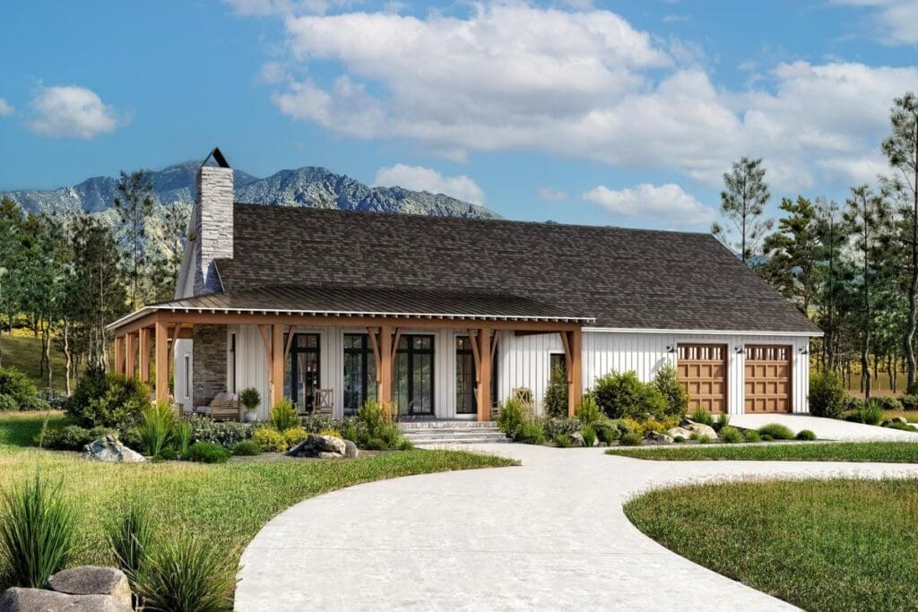 House plan exterior with Craftsman style, one story, a covered porch, stone chimney, and attached garage with wood panel doors.