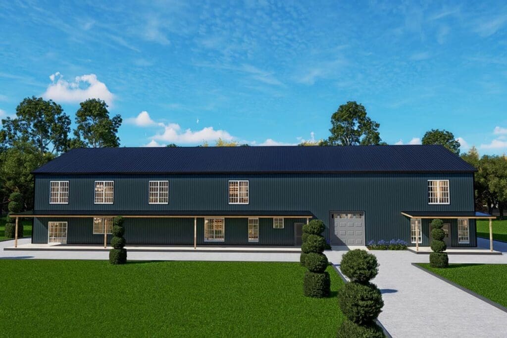 House plan exterior. Two-story structure with a metal roof. Features include a covered porch, a garage, and multiple rectangular windows.