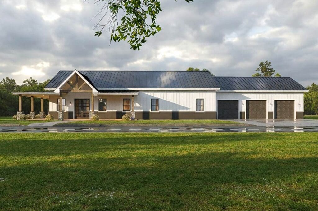 House plan exterior with board and batten siding, metal roof, covered porch, and attached three-car garage in a modern farmhouse style.