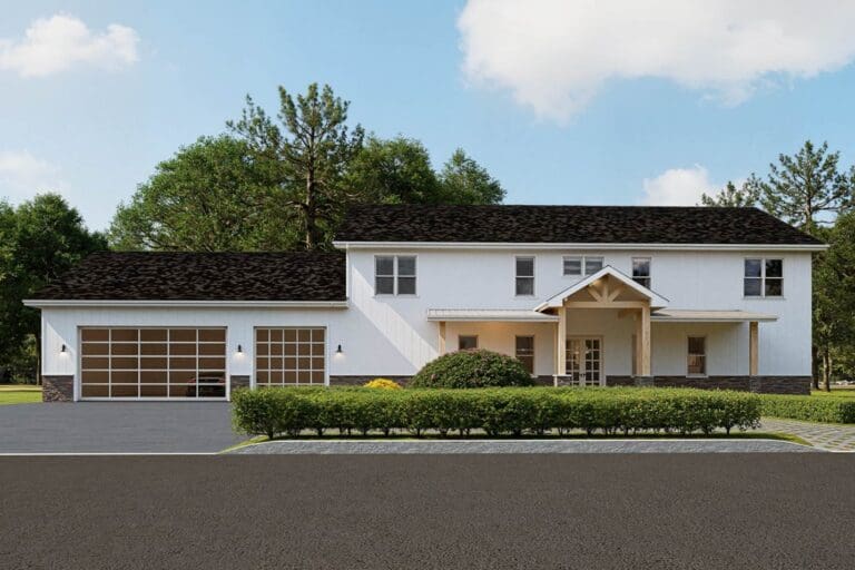 House plan exterior: two-story Modern Farmhouse with a prominent covered entryway, double garage with glass doors, and pitched roof.