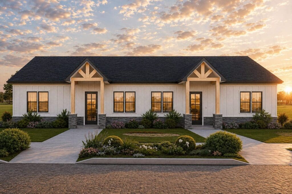 Plan 850053PKE: Modern Barndominium Duplex House Plan with Two Bedrooms and Two Baths - Image #1 - Barndominium, Modern Farmhouse